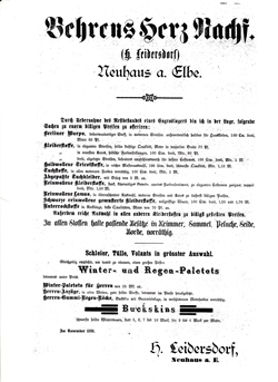 Plakat Behrens Herz Nachf. (Hermann Leidersdorf), 1891 (Kirchenarchiv Neuhaus)
